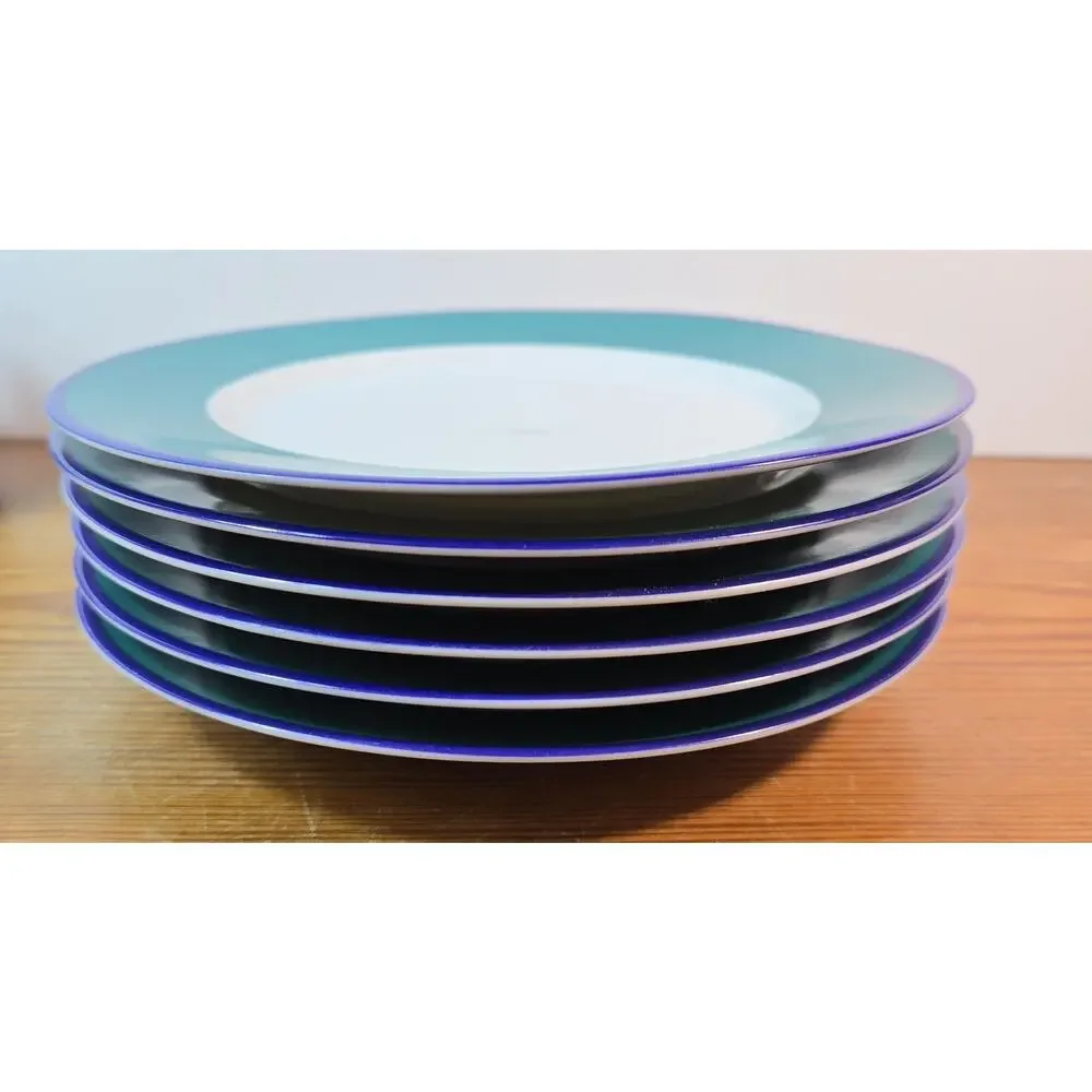 Pier 1 Two-Tone 92024 Dinner Plates Set of 6 Teal Green Blue Rim White Center